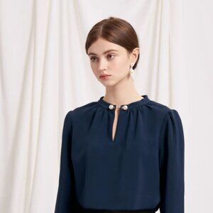 Petite Studio Buvette Pearl Blouse - Navy (Size S)